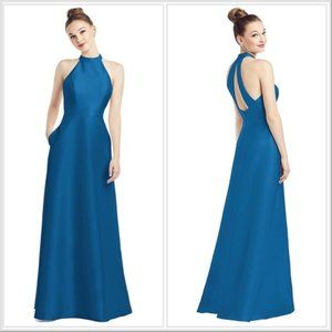 NWT Alfred Sung Cut Out Halter Neckline Satin Twill Dress with Pockets Size 6